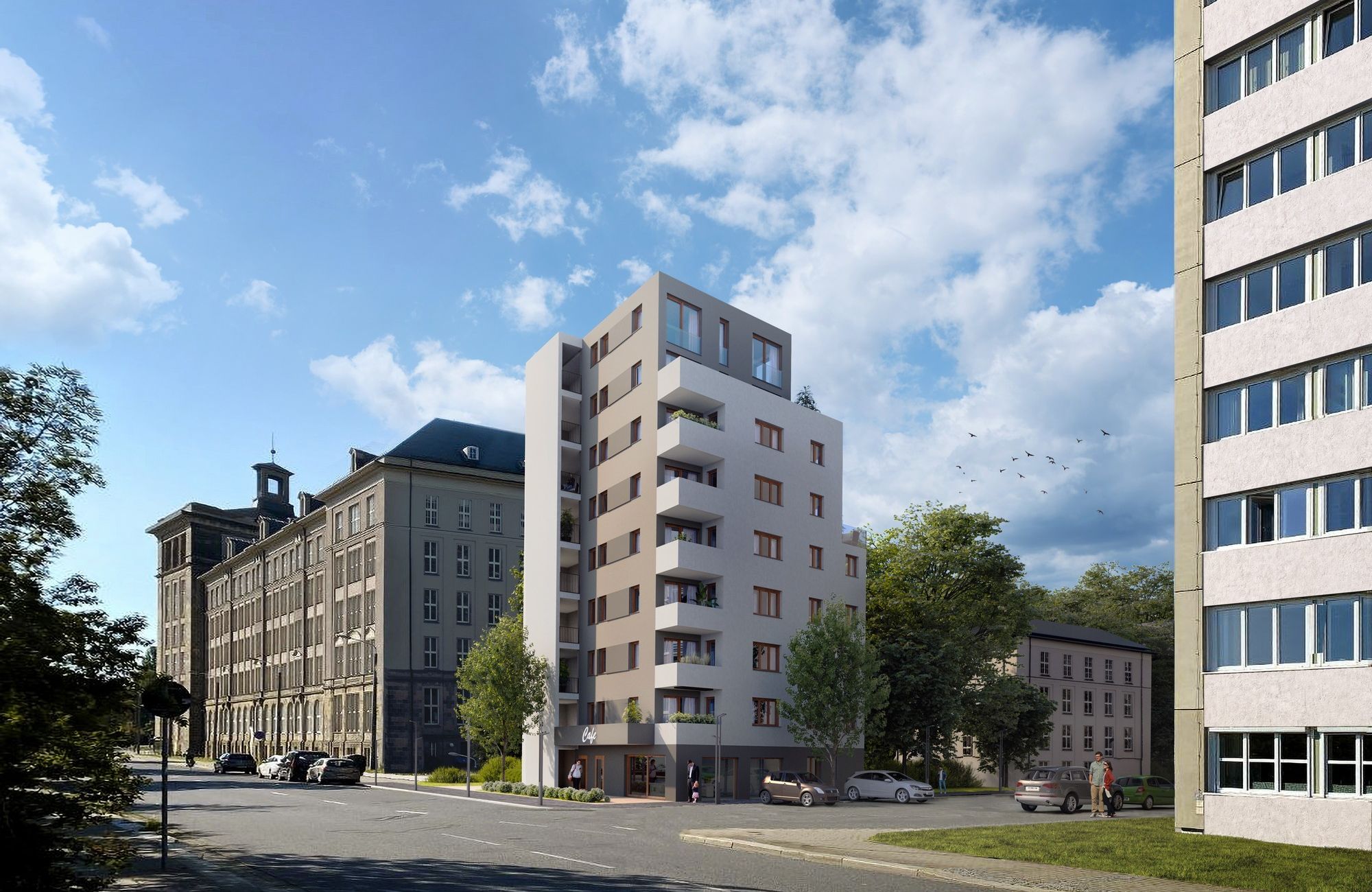Neubau Black Stone in Radebeul mit anthrazitfarbener Fassade und Holzfenstern