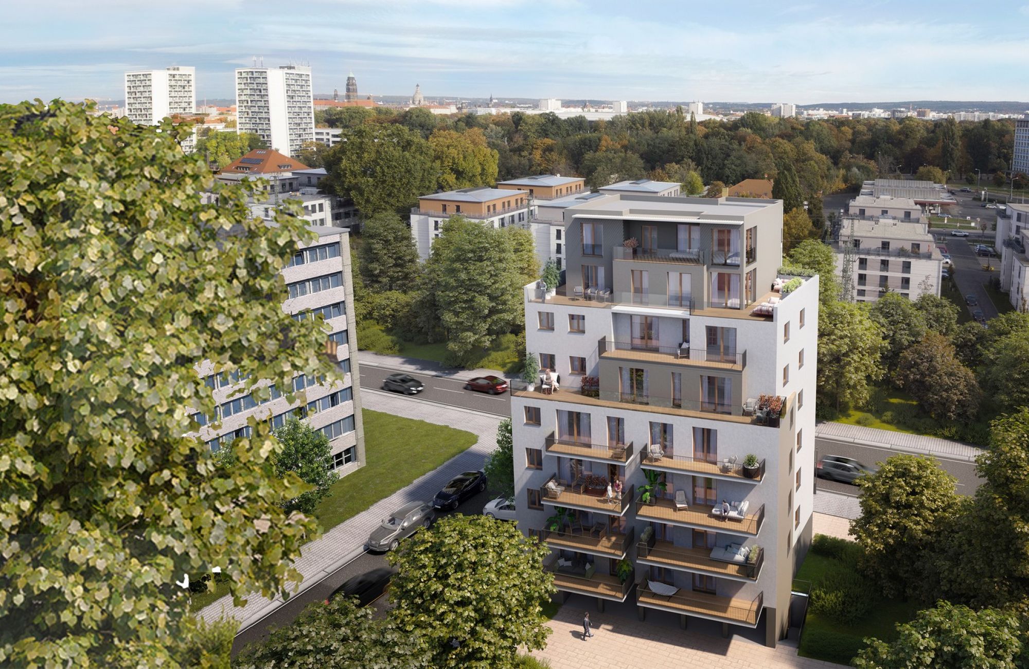 City View S 26 in Dresden, Luftperspektive mit Dresdner Stadtsilhouette