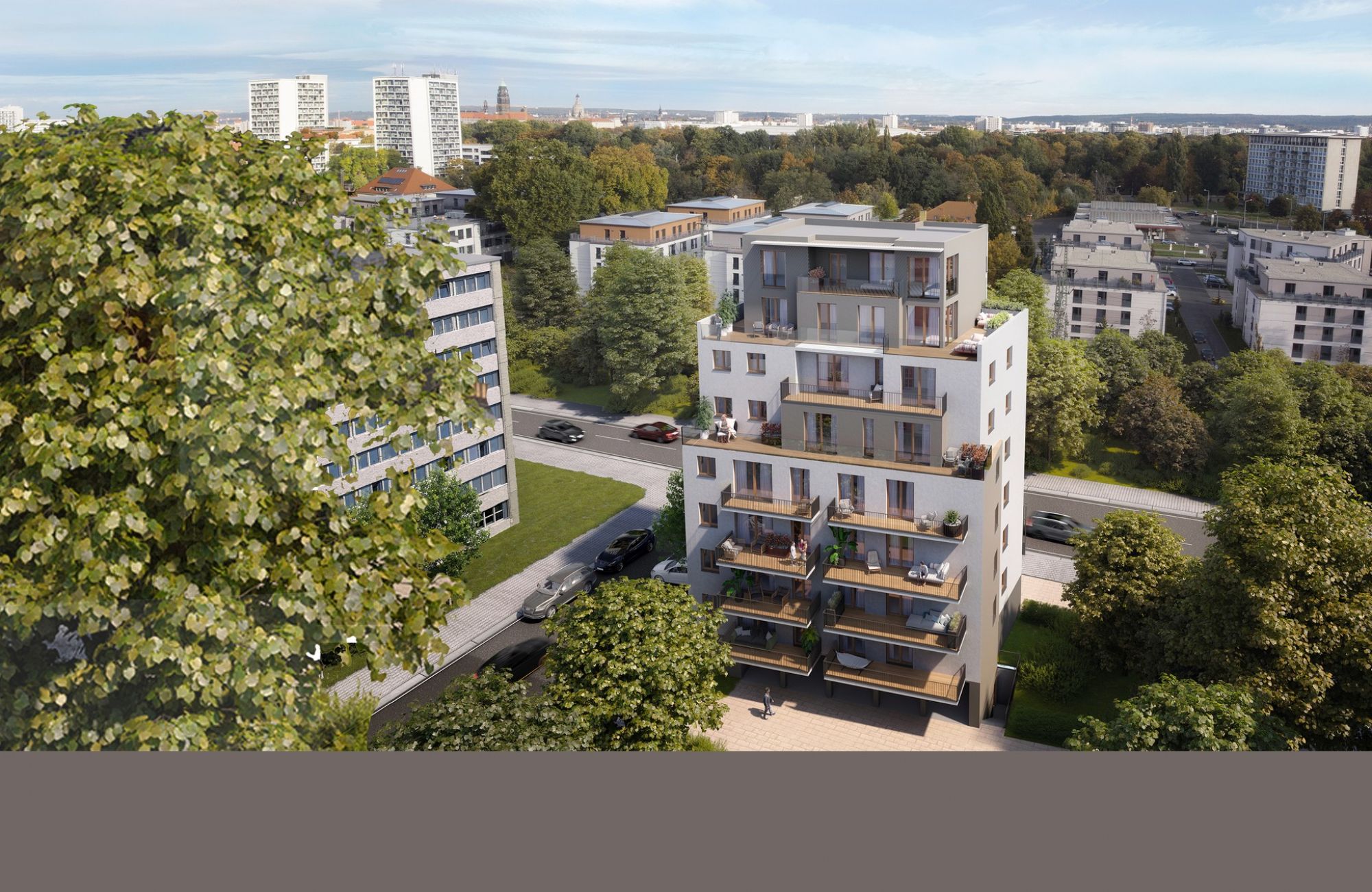 City View S 26 in Dresden, Luftbild der Rückansicht mit Balkonen zur Stadt