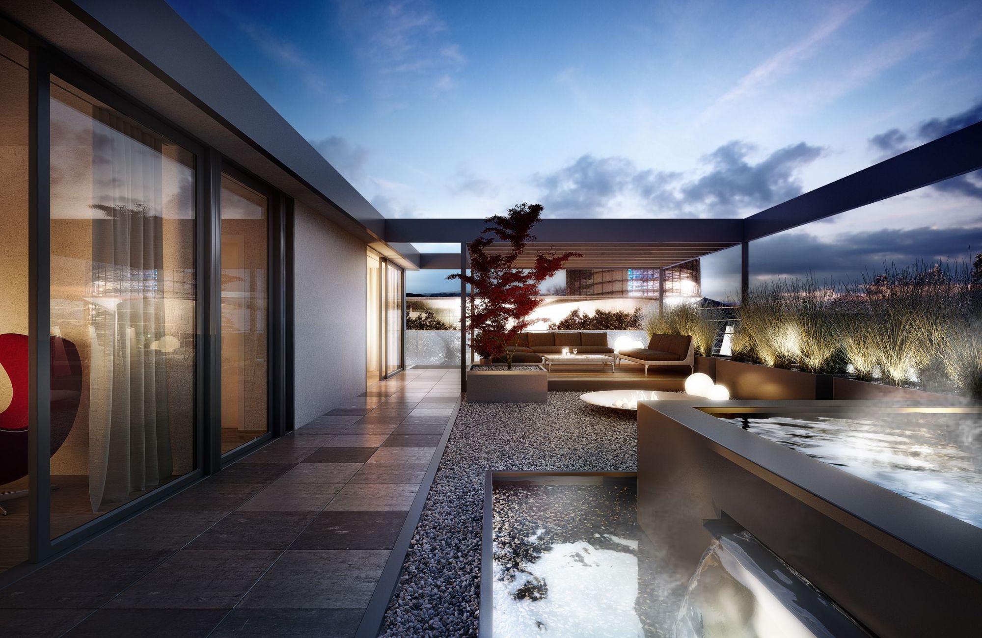 Dachterrasse eines fertigen Projekts zur blauen Stunde